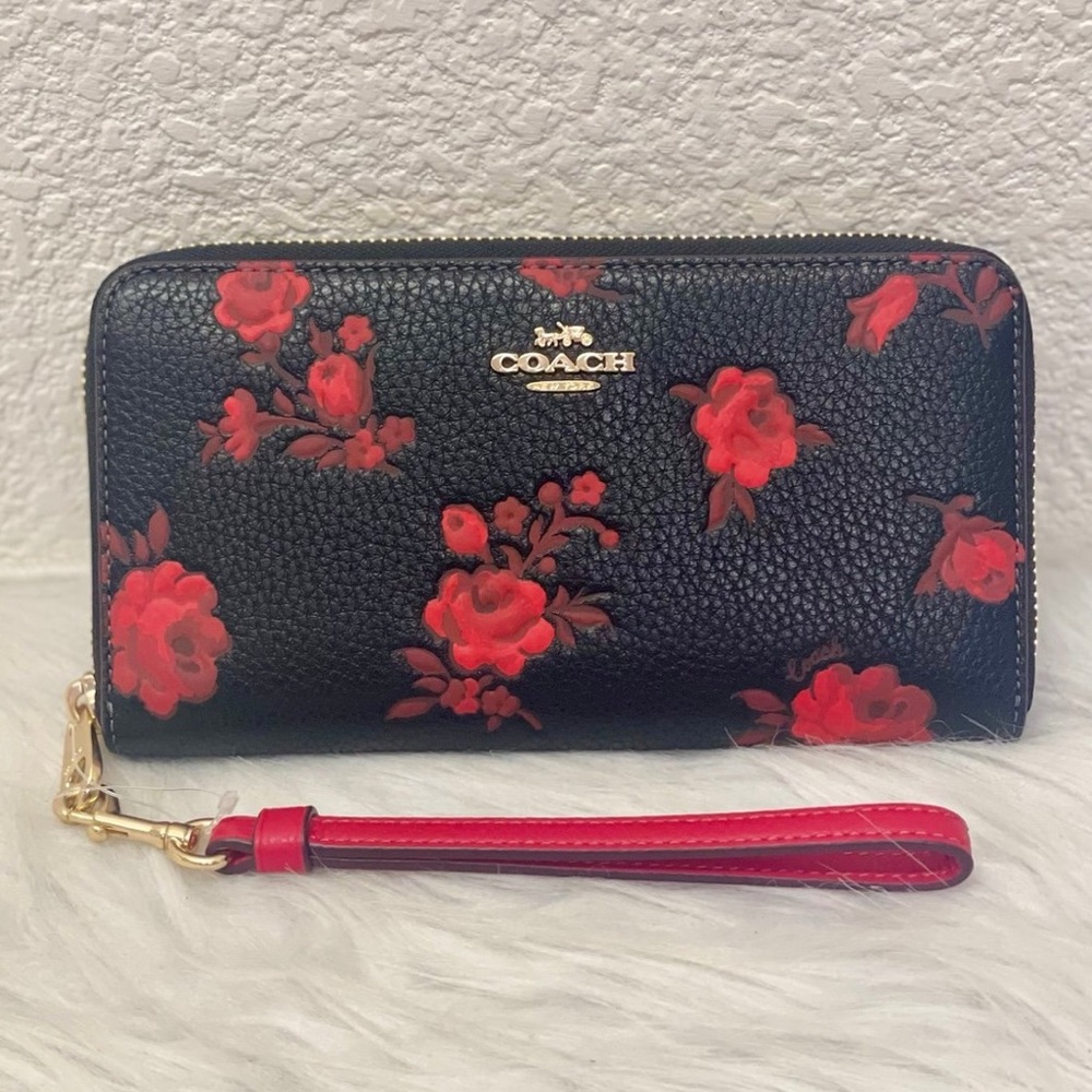 Coach Long Zip Around Wallet With Floral Print Black/red